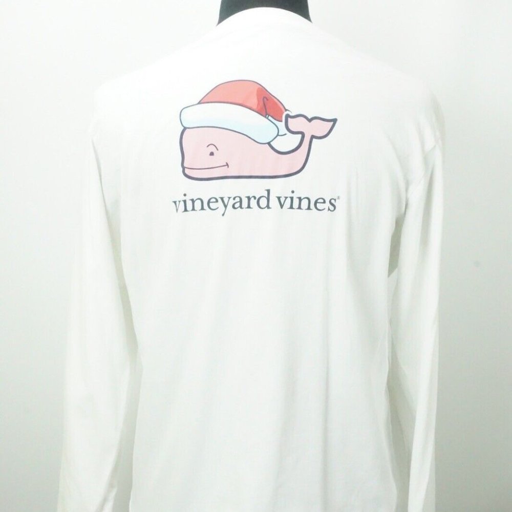 Vineyard Vines Christmas Santa Fish Solid White Cotton Long Sleeve Shirt M